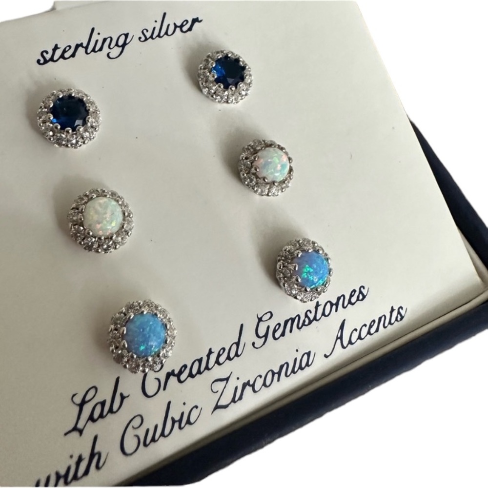 STERLING SILVER GEMSTONES CUBIC ZIRCONIA SET OF 3 PAIRS EARRINGS NWT $100 SET